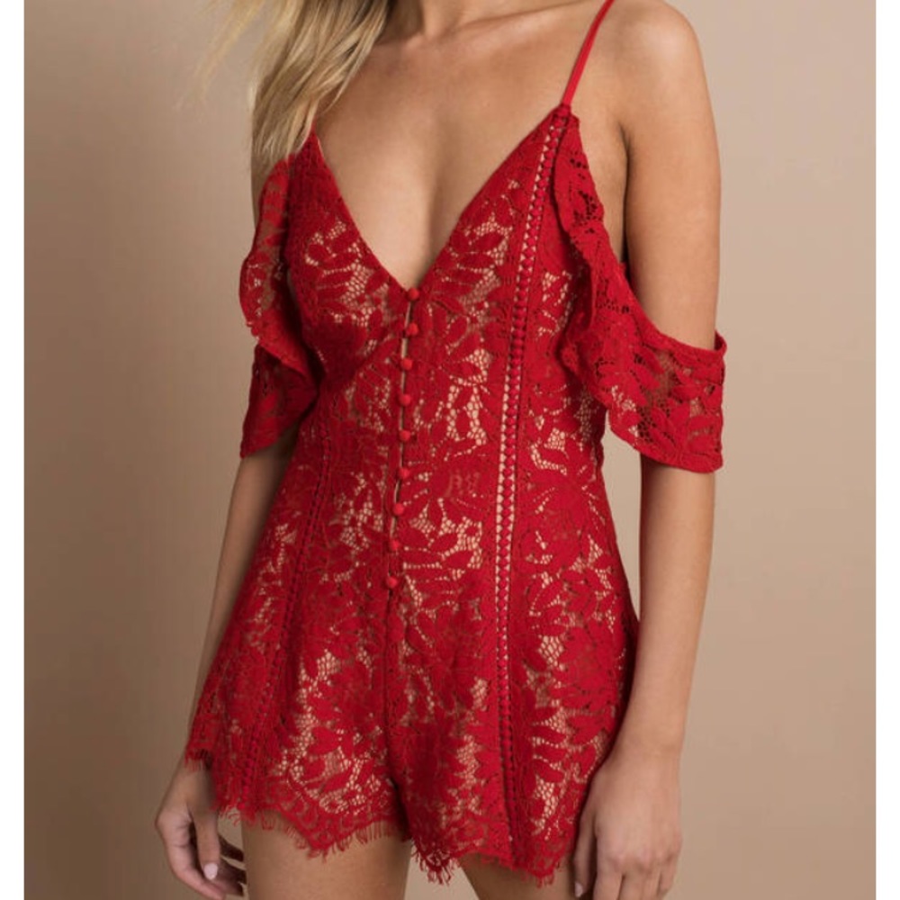 TOBI RED LACE RUFFLE ROMPER